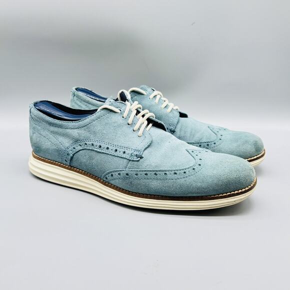 Cole Haan Shoes Mens 10 Blue Suede Original Grand Wingtip Oxford Lace Up Brougue - Picture 2 of 11